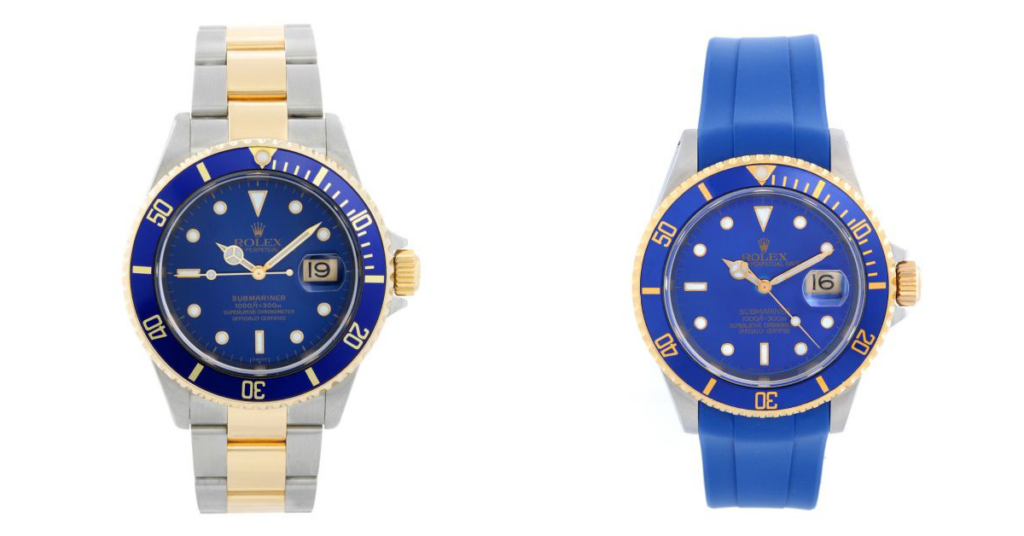 Father's Day Gift Guide Rolex Submarine Watches with a Two-tone Oyster bracelet and blue rubber band.