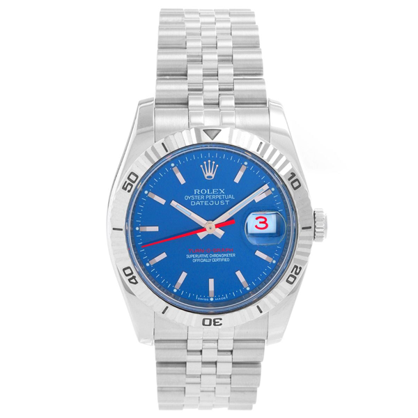Rolex Turnograph Datejust with a blue dial and red stick markers 