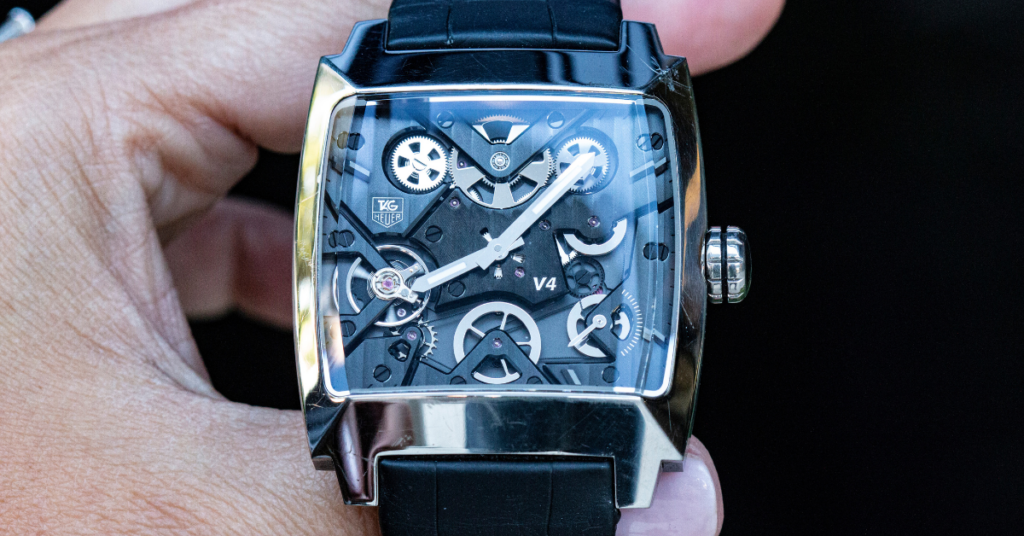 Tag Heuer Monaco skeleton watch featuring a polished titanium case, brushed ceramic sapphire back and black alligator strap